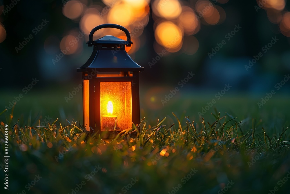 Poster tranquil image of a glowing lantern resting on the grass with a soft-focus backdrop of twilight boke
