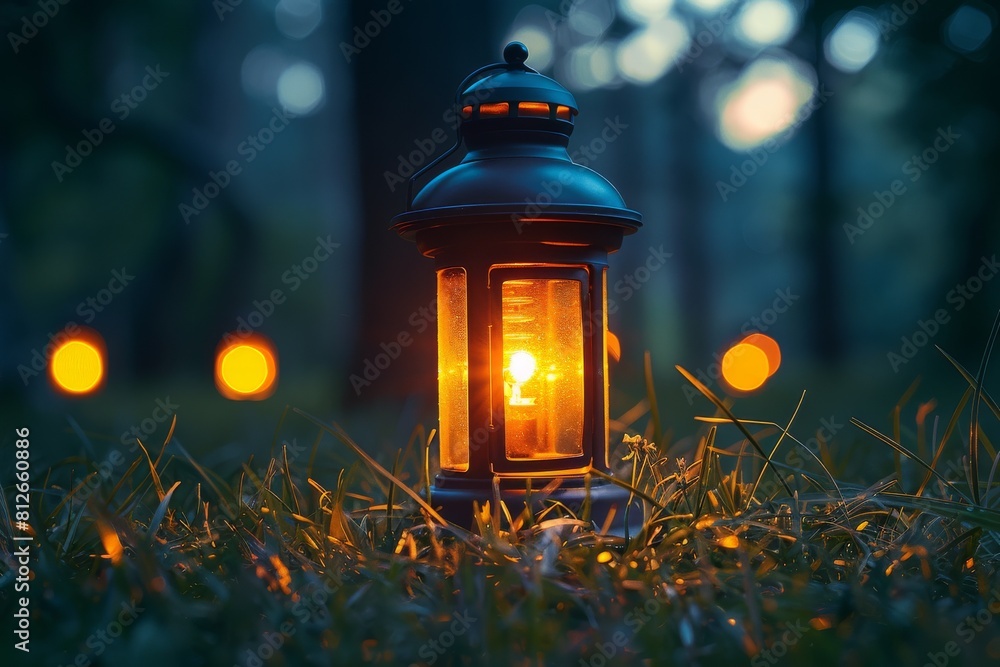 Poster enchanting image of an illuminated lantern placed outdoors with a backdrop of bokeh lights in a twil