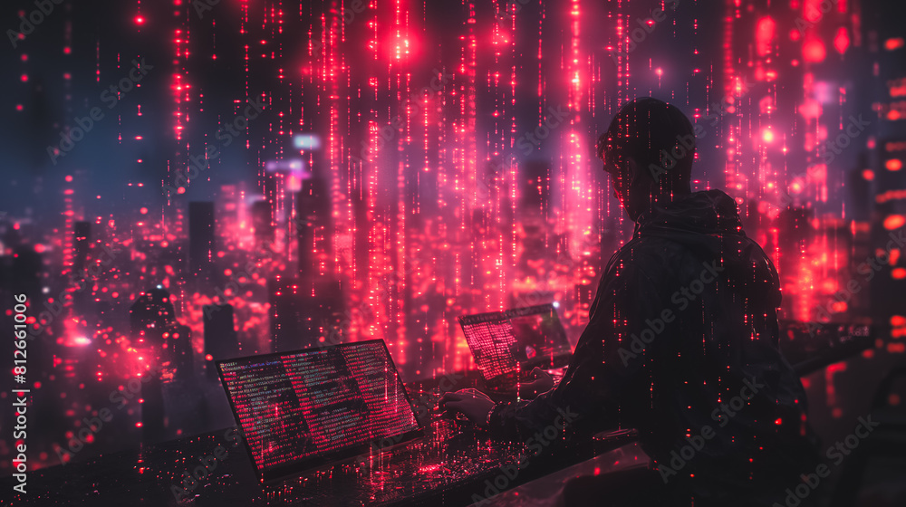Poster a man is sitting in front of a computer screen with a city view in the background. the city is lit u