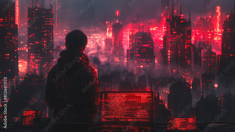 Aufkleber a man is looking at a computer screen with a red background. the city in the background is lit up wi