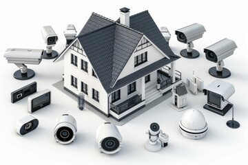 Naklejka premium Advanced security cameras provide futuristic building assistance through innovative, safe automation and networked alerts.