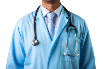 A man in a blue lab coat with a stethoscope around his neck. Concept of professionalism and expertise in the medical field