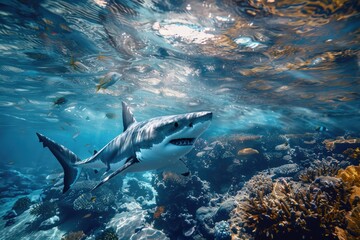A powerful white shark swimming gracefully in the ocean. Perfect for marine life illustrations
