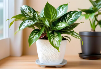 A potted plant with shiny green leaves in a modern white self