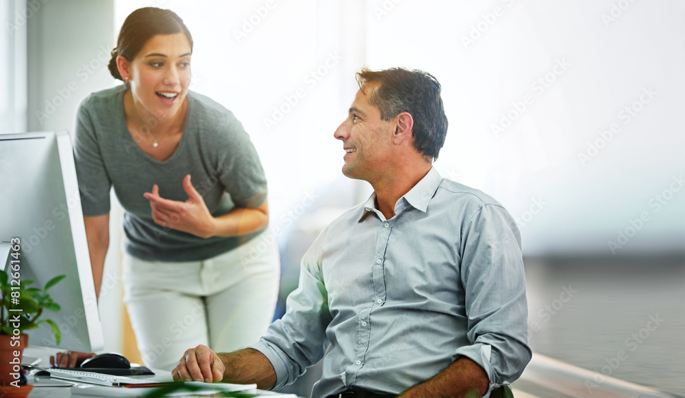 Poster computer, planning or project management with employee and mentor in office together for discussion.
