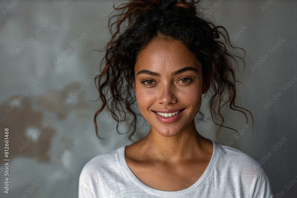 Sticker Young Afro-American woman with curly hair smiling against textured grey wall with copy space for ads