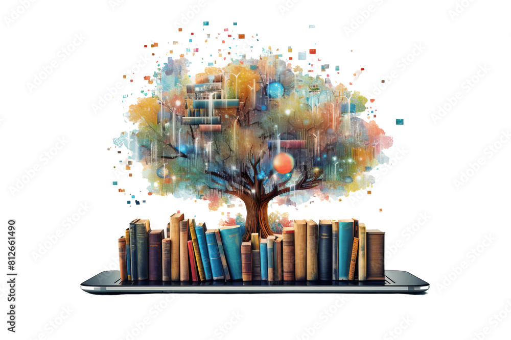 Poster a tree with many books surrounding it. the tree is the main focus of the image. the books are scatte