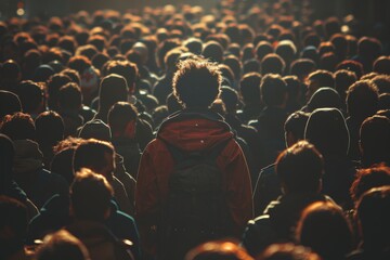 A person seen from behind, surrounded by a backlit crowd during sunset, representing solitude among many