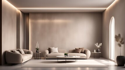 Light beige living room - modern interior hall and furniture design. Mockup for art - ivory taupe empty texture plaster microcement wall. Luxury premium nude accent lounge reception. 3d render	