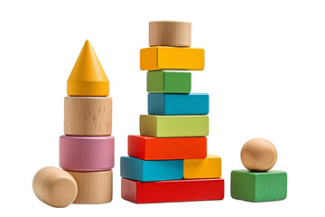 A stack of wooden blocks with a yellow and red tower in the middle. The blocks are of different colors and sizes, and they are arranged in a way that creates a sense of height and depth