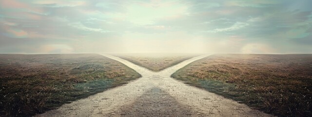 Obraz premium Symbolic image of a rural crossroads where two diverging dirt paths split. The concept of decision making and choice.