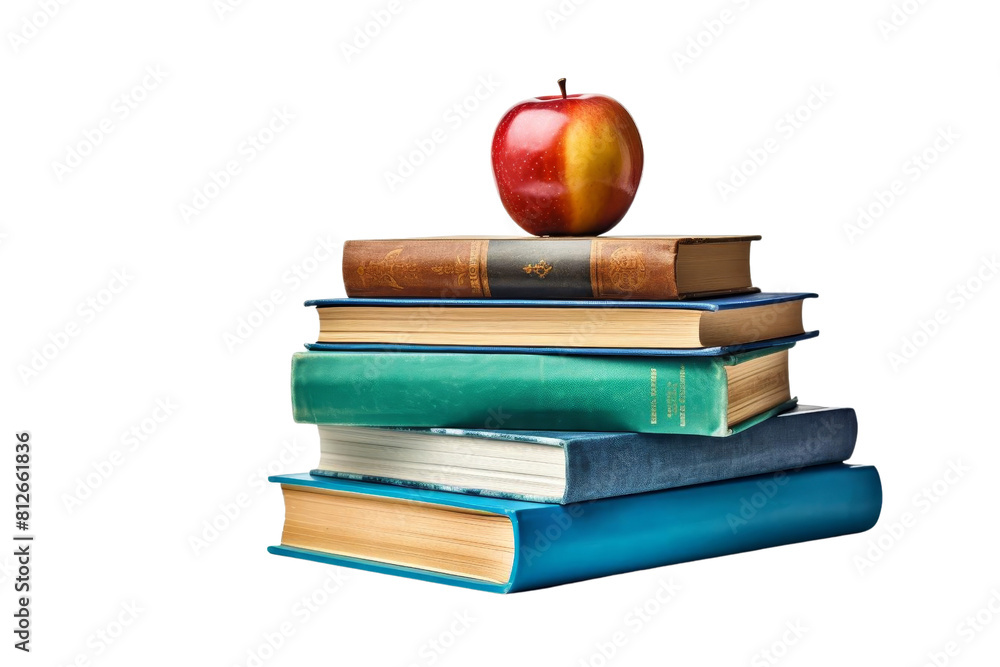Poster a stack of books with an apple on top. the apple is red and shiny. the books are of different sizes 