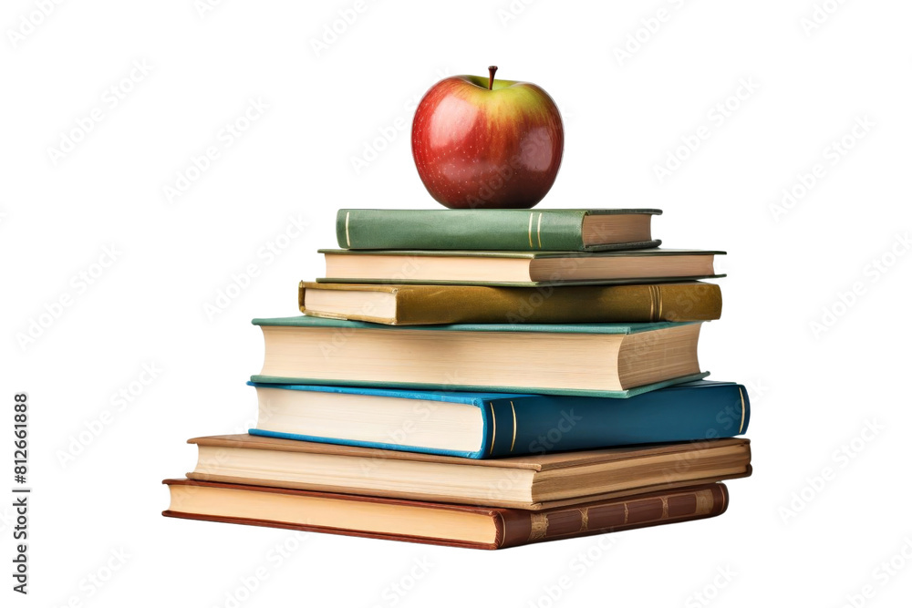 Poster a stack of books with an apple on top. the apple is red and shiny. the books are of different sizes 