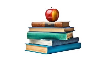 A stack of books with an apple on top. The apple is red and shiny. The books are of different sizes and colors