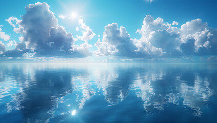 Naklejka premium Serenity by the Sea: Blue Sky, Wispy Clouds, Calm Ocean