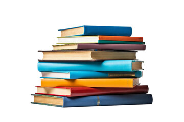 A stack of books with a blue book on top. The books are of different colors and sizes