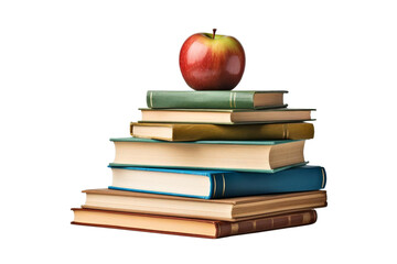 A stack of books with an apple on top. The apple is red and shiny. The books are of different sizes and colors. The stack of books is piled on top of each other, creating a tower