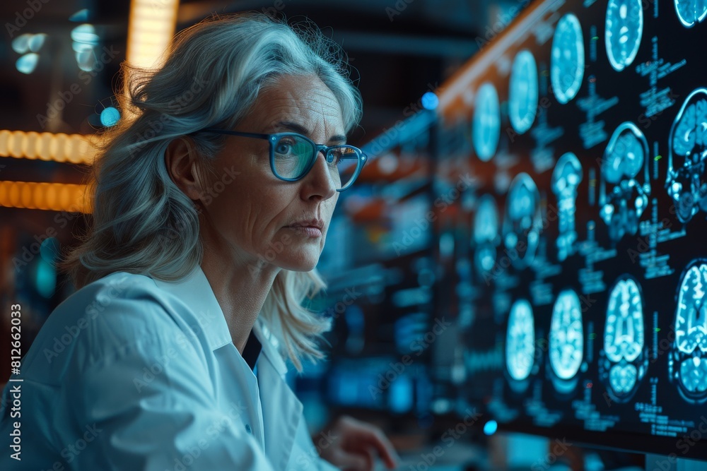 Poster a senior medical expert with glasses focuses intently on brain scan images displayed on a monitor in