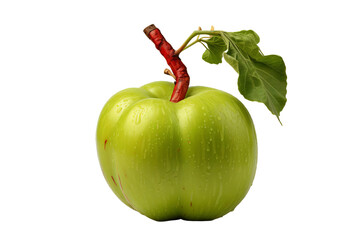 A green apple with a stem and leaf on top. The apple is shiny and wet. Concept of freshness and natural beauty