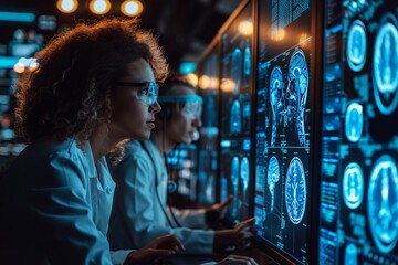Two medical professionals are intently examining a series of brain scan images in a dark, high-tech environment