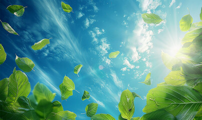 Vibrant green leaves float and twirl, sunbeams illuminate their delicate veins