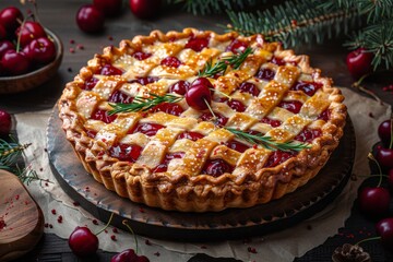 This enticing close-up shows a fresh-baked cherry pie with a golden lattice crust, garnished with cherries and herbs