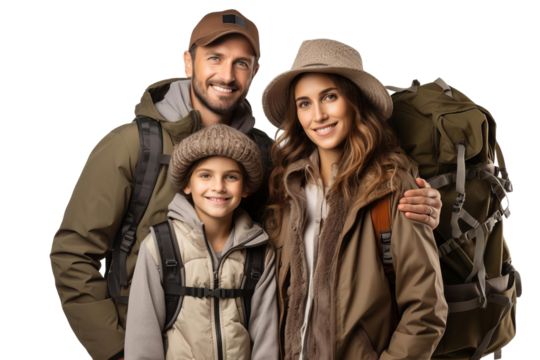 A family of three, a man, a woman and a child, are posing for a photo with their backpacks. The man is wearing a hat and the woman is wearing a scarf