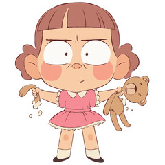 Angry Girl Kid With Torn Teddy Bear