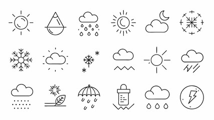 WEATHER - thin line vector icon set. Pixel perfect. Editable stroke. The set contains icons: Sun, Moon, Cloud, Winter, Summer, Rain, Snow, Blizzard, Umbrella, Snowflake, Sunrise, Wind.