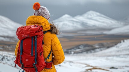 A woman hiking with a yellow jacket and red backpack