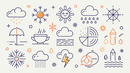 WEATHER - thin line vector icon set. Pixel perfect. Editable stroke. The set contains icons: Sun, Moon, Cloud, Winter, Summer, Rain, Snow, Blizzard, Umbrella, Snowflake, Sunrise, Wind.