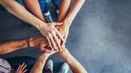 A young people placing their hands together. Friends with stack of hands showing unity and teamwork.