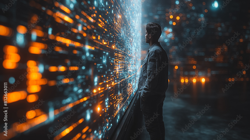 Poster a man is looking at a wall of glowing lights. the lights are arranged in a way that creates a sense 