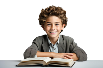 A young boy is sitting at a table with an open book in front of him. He is smiling and he is enjoying himself. Concept of learning and curiosity, as the boy is engaged in reading