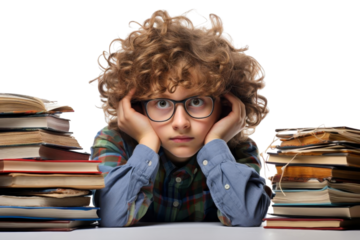 A young boy with glasses and curly hair is sitting on a table with a pile of books in front of him. He looks tired and overwhelmed by the amount of work he has to do