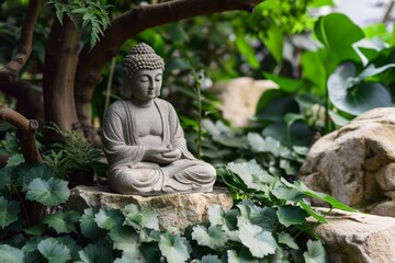 Peaceful stone buddha statue meditates among lush greenery and rocks