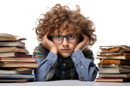 A young boy with glasses and curly hair is sitting on a table with a pile of books in front of him. He looks tired and overwhelmed by the amount of work he has to do