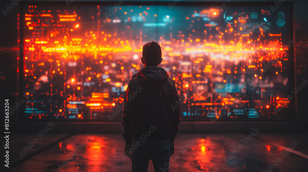 Poster a man stands in front of a large screen that is lit up with bright colors. concept of awe and wonder