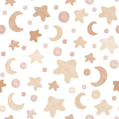 Watercolor seamless pattern with stars, moon and spots in a cute boho style. Beige color. Children's print for fabric, bed linen, wrapping paper, backgrounds