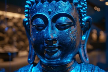 Tranquil close-up of a blue buddha sculpture with artistic lighting