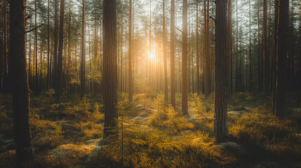 A forest with trees and a sun shining through the trees