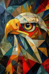 This striking piece showcases an abstract eagle composed of various colors and geometrical shapes, creating a dynamic visual effect