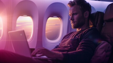 Man Working on Laptop in Airplane