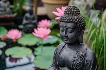 Peaceful buddha statue in meditation among vibrant pink lotus blossoms