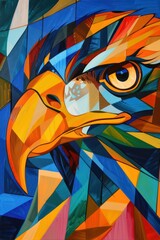 A vibrant and colorful geometric abstract depiction of an eagle in a palette dominated by blues