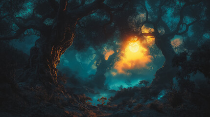 Obraz premium A forest with trees and a sun in the sky