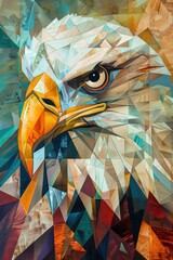 A modern artistic interpretation of an eagle head, featuring geometric patterns and a mix of warm and cool tones