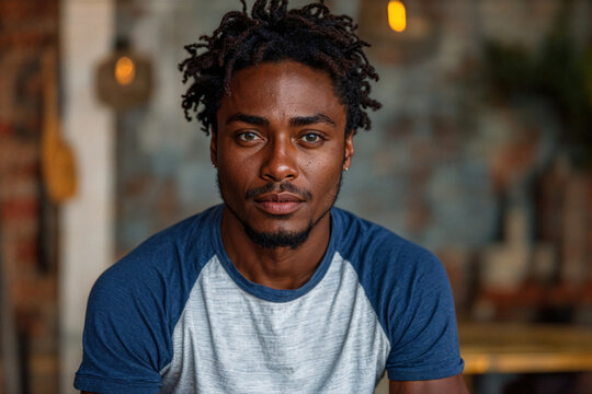 Black man in baseball t-shirt with dreadlocks sitting in blurred kitchen interior, slightly smiling - Powered by Adobe