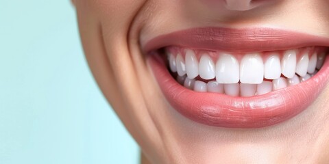 Fototapeta premium Perfect female smile, Dental advertising, banner for teeth whitening services, showing a close-up of a woman's perfect white teeth.