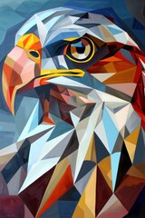 This image depicts a geometric interpretation of an eagle, utilizing a warm color palette and bold shapes